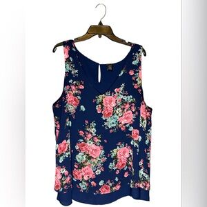 Torrid Floral‎ Print Blue & Pink Chiffon Layered Tank Blouse Top Size 2